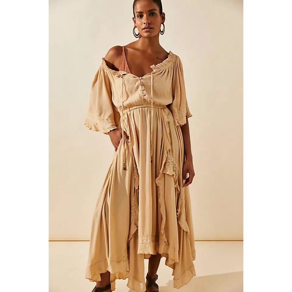 Free People Beach Bliss Maxi Dress - Cream Crinkle Gauze Lace Boho Ruffle - XS - Picture 1 of 12